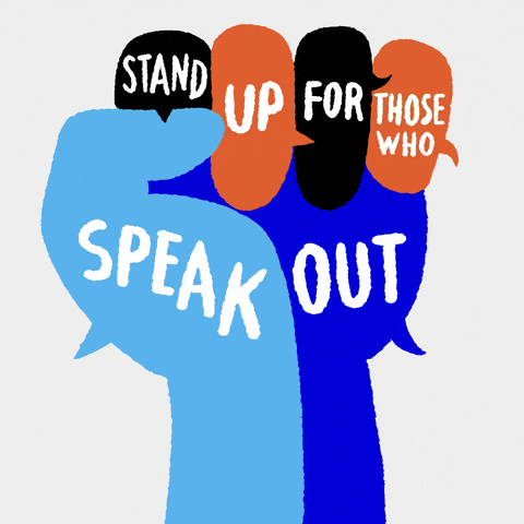 Digital art gif. Colorful fist made of several speech bubbles pumps up and down against a white background. Text, “Stand up for those who speak out.”