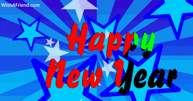 Text gif. Script flashes red, green, yellow, and black against a background that explodes with blue and green and white stars zooming in and out and circling. Text, "Happy New Year."