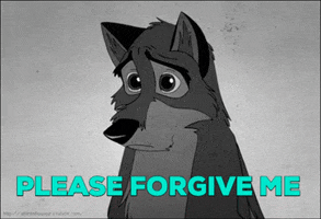 Cartoon gif. In black-and-white, a troubled Balto takes a deep breath while looking down in shame. Text, "Please forgive me."