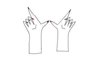 Illustrated gif. Two hands with painted nails make a "W" symbol, symbolizing whatever.