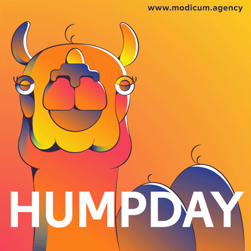 Digital art gif. A sunset colored camel slowly chews and the text reads, "Hump Day."
