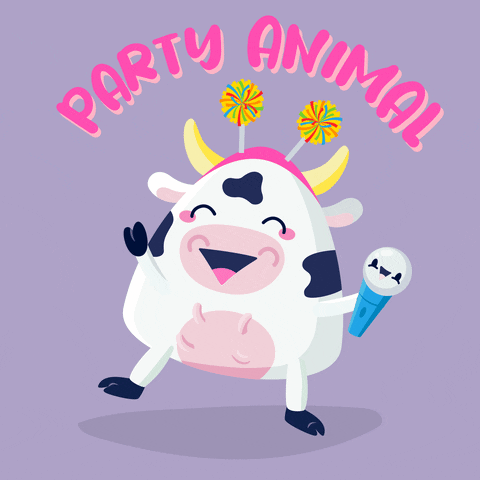 Kreslené gif přáníčko s tancující a zpívající kravičkou a nápisem "Party animal". 