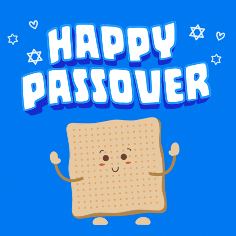 Illustrated gif. Smiling sheet of matzah sways with its arms held up on a blue background. Hearts and Stars of David float around bouncy text that reads, "Happy Passover."