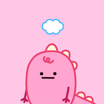 Cartoon gif. A sketched, pink dinosaur pops its black mouth open wide like its surprised. Its stick figure hands cover its mouth as a rainbow appears above. Text, "Good."