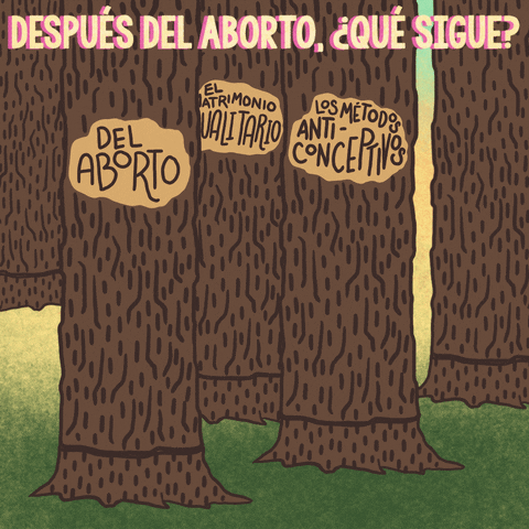 Digital art gif. Beneath the text, “Despues del aborto, que sigue?” five trees tip over and fall, leaving only stumps behind against a yellow and green background. Three of the falling trees are labeled, “Del aborto,” “Los metodos anti-conceptivos,” and “Del matrimonio igualitario.”