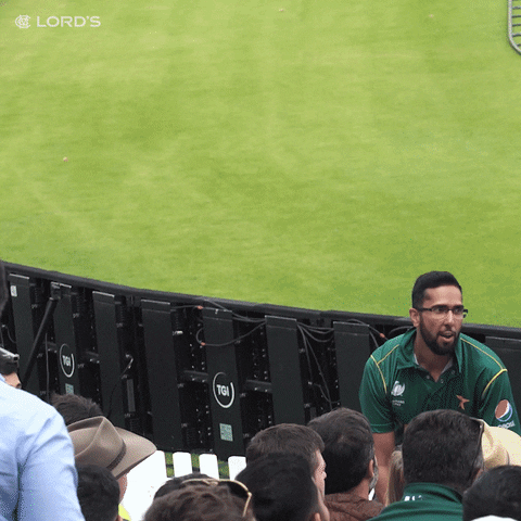 Sports gif. Man in Pakistan cricket team jersey faces seated fans and directs them to do the wave.
