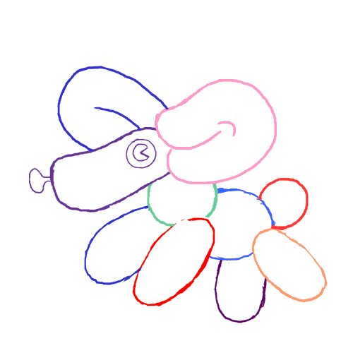 Digital art gif. A merry balloon animal in the shape of a dog runs.
