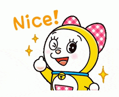 Kawaii gif. Dorami looks at us, winking and holding a big sparkly thumbs up. Text, “nice.” Dorami then turns and nods at us. 