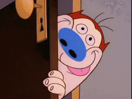Cartoon gif. With a goofy look on his face, Stimpy from The Ren and Stimpy Show pokes his head around a door and gives a thumbs up.