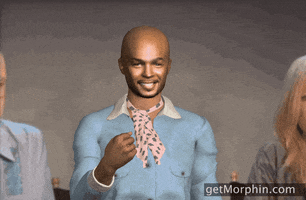Digital art gif. A 3D rendering of a Damon Wayans Sr is wearing a neck scarf smiles and throws confetti in the air.