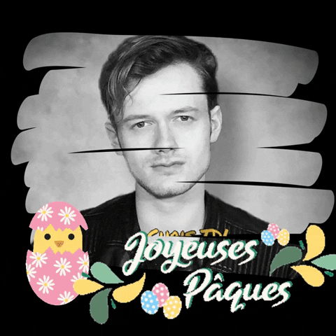 Digital art gif. A black and white photo of a young man is adorned with illustrations of painted Easter eggs, including one with a chick popping out. Text, "Chris TDL. Joyeuses pâques."