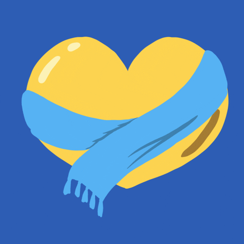 Illustrated gif. Buttercup yellow heart wrapped in a baby blue scarf pulses on a sky blue background.