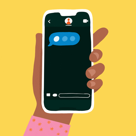 Text gif. Illustration of a hand holding an iPhone to a text thread showing an incoming message "typing awareness indicator," which completes and reveals the message, "Hey pal, have you fought for abortion access today," and then, an acknowledgment heart against a yellow background.