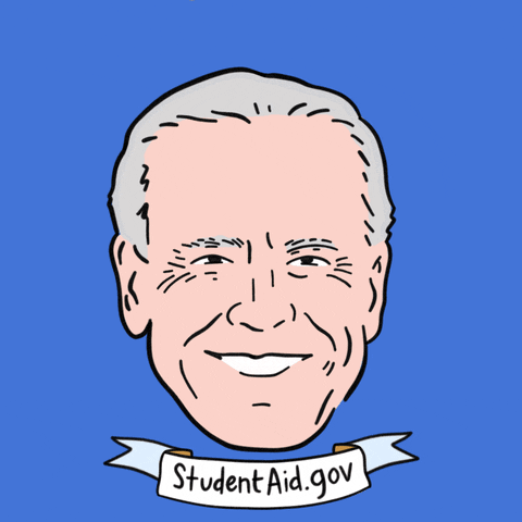 Illustrated gif. Joe Biden's smiling face on a ultramarine-blue background, his signature Aviator sunglasses fall in, perfectly into place, the lenses glimmer with the message "Student debt relief is here," a banner below reading, "Student-Aid-dot-gov."