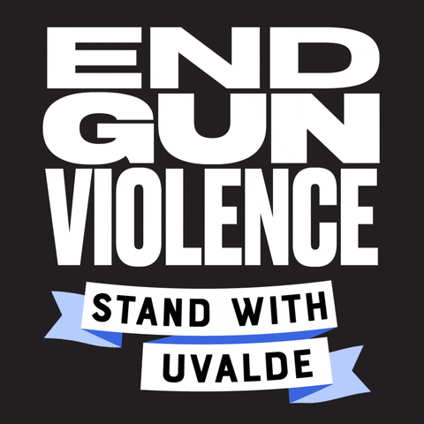 Digital art gif. The words "End gun violence" light up white and pale blue in capital letters. Under that phrase is a gently waving blue ribbon, words inside of which read, "Stand with Uvalde."