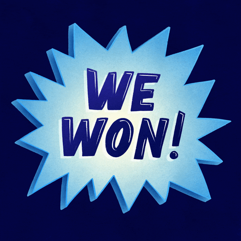Text gif. Blue dodecagram jiggling and flexing on a navy blue background bearing the message "We won!"