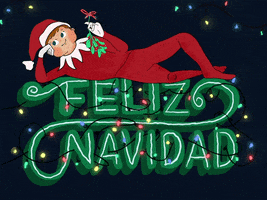 Illustrated gif. A rosy-cheeked Elf on the shelf wearing a Santa outfit, holding holly, and lying down on lettering that says "Merry Christmas" in Spanish: "Feliz navidad."