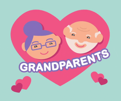 Gif přání k narození vnučky s hlavami babičky a dědečka ve zvětšujícím se srdíčku s nápisem "Grandparents". 
