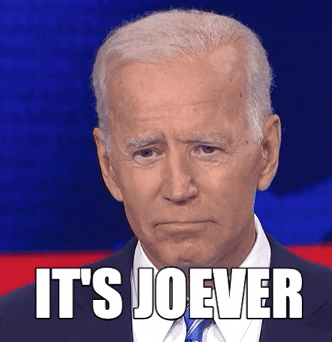 Video gif. Joe Biden stands in front of a blue backdrop, looking down like he's totally depressed. Text, "It's Joever."