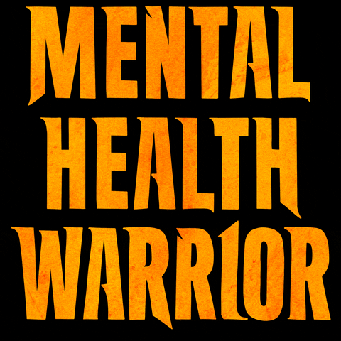 Digital art gif. Still image of the words "mental health warrior," in a striking all-caps orange font, a black strike slicing through the word warrior, all against a black background.