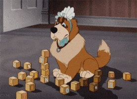 Cartoon gif. Nana the saint bernard dog from Peter Pan is wearing a bonnet and looks very frustrated as she knocks over a pile of playing bricks. She is totally over it.