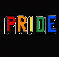 Text gif. The word "Pride" appears in capital block letters in rainbow colors against a black background. Red, orange, yellow, green, and blue confetti emanates from the letters.