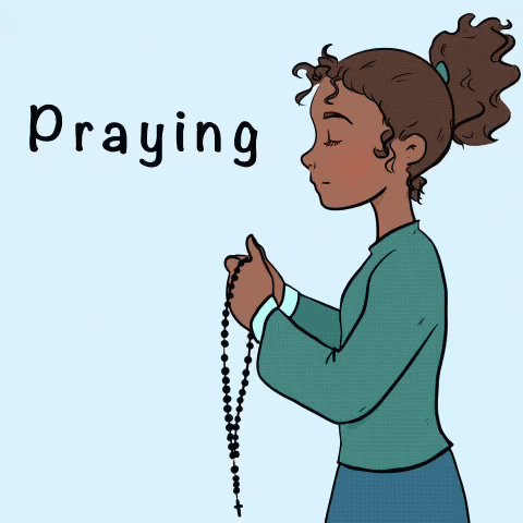 Cartoon gif. A girl holds prayer beads with a Christian cross at the bottom, her hands folded and her eyes closed. Text, "Praying."