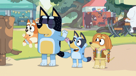 Bluey Gif - the family are celebrating together outside their house