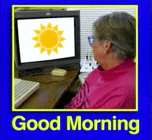 Video gif. Senior woman sits at a desk in front of a computer. The screen has a rotating sun gif and she turns to look at us with a bored expression. Text, "Good morning."
