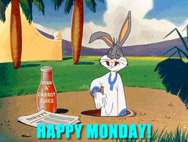 Cartoon gif. Bugs Bunny has just woken up and looks totally disheveled in his hole as he scratches his side. A bottle of Grade A Carrot Juice is next to him and the daily newspaper. Text, "Happy Monday!"