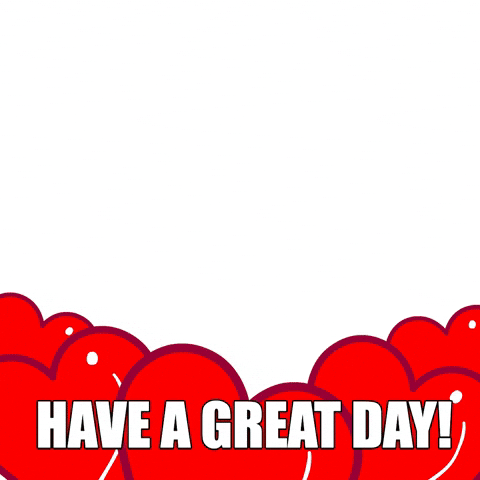 Gif přání k svátku s kresleným medvědem vyskakujícím z červených srdíček s nápisem Have a great day.