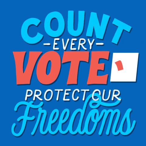 Text gif. Graphic, stylized lettering in cyan and tomato-coral on a denim blue background, a coral checkmark checking a white checkbox. Text, "Count every vote, protect our freedoms."