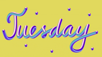 Text gif. Text, "Tuesday," is written in purple chrome script on top of a yellow background.