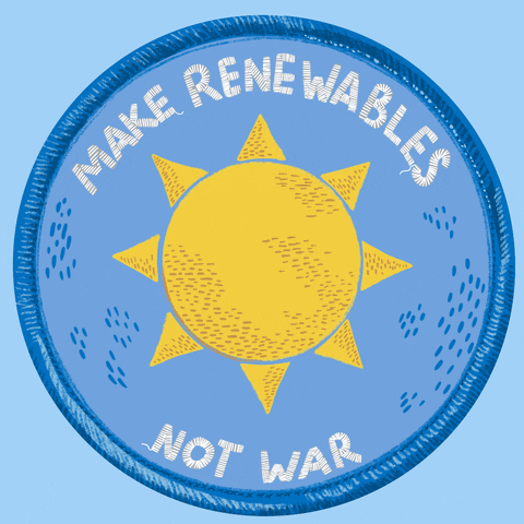 Illustrated gif. Circular, sky blue patch with a yellow sunburst at the center and stitched text around the perimeter swivels on a baby blue background. Text, "Make renewables, not war."