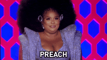 TV gif. Musician Lizzo in a resplendent gown nods in agreement with a radiant smile and says "Preach!"