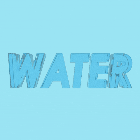 Digital art gif. Large wave of blue water curls over the word "water," revealing other, lighter-colored words that say "be water my friend."