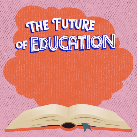 Digital art gif. Orange cloud hovers over an open book against a light pink background. Text, “The future of education in Ohio is on the ballot.”
