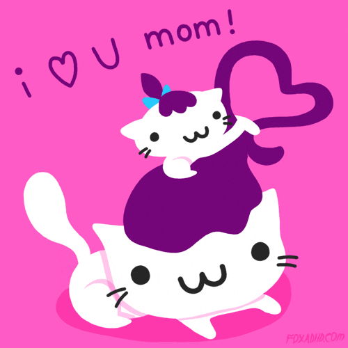 Cartoon gif. A kitten sits on top of a cat's head and makes a heart shape out of her hair. Text, "i heart u mom!"