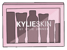 Illustrated gif. Silhouettes of six products in Kylie Skin by Kylie Jenner skincare box set, filled in one by one as the box rocks lightly side to side.