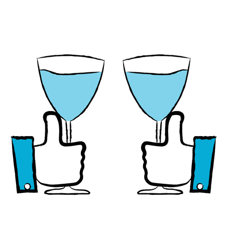 Illustrated gif. Pair of Facebook “Like” icons, thumbs up with a blue sleeve collar, make a toast and clink two glasses of blue liquid together.