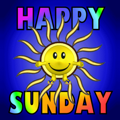 Digital illustration gif. Smiling sun with an emoji in sandals at the center spins on a blue background. Rainbow text reads, "Happy Sunday."