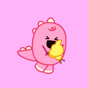 Kawaii gif. A pink, round dinosaur with white scales spins excitedly in a circle, holding hands with a small, jovial yellow bird.