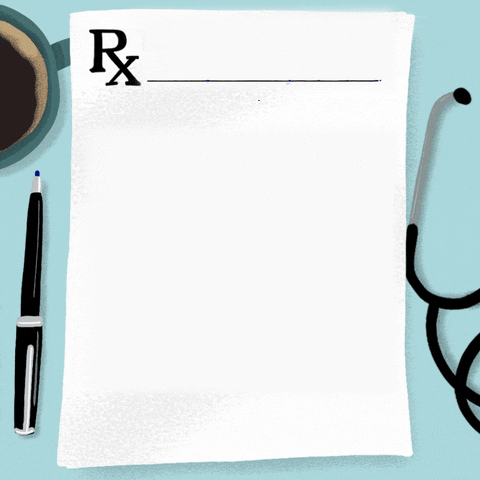 Illustrated gif. Prescription pad resting between a mug, a pen, and a stethoscope reads, "Let's get all Americans the mental health services they need."