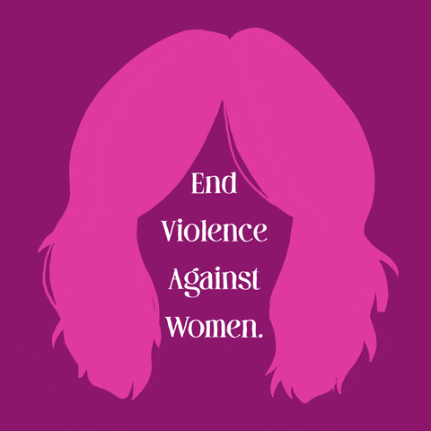 Text gif. Hot pink shag wig, a message within reading, "End violence against women" against a dark pink background.