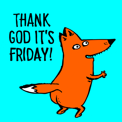 Cartoon gif. A fox with a pronounced butt dances against a solid cyan background. Text, "Thank god it's Friday!"