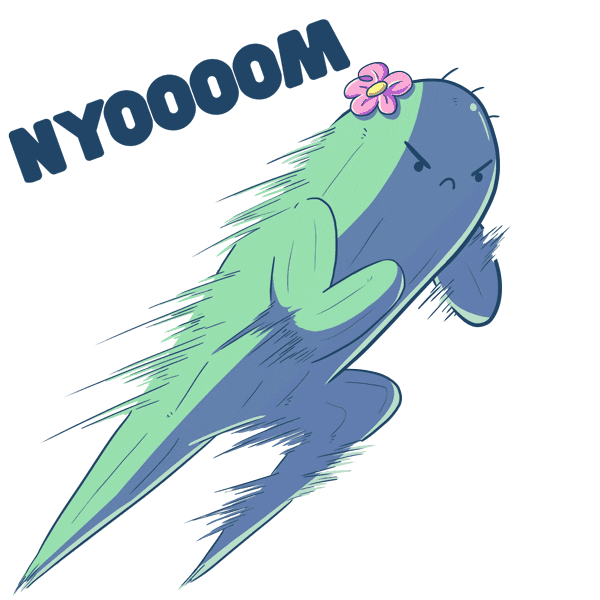 Illustrated gif. Blue-green cactus sprints like a professional athlete, with a frowning facial expression conveying determination. Text, "nyooooooom."