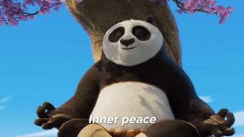 Movie gif. Po from Kung Fu Panda meditates in the lotus position with his eyes closed underneath a cherry blossom tree. He smiles to himself. Text reads, “inner peace.”