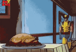 TV gif. Wolverine from The X-Men approaches a steaming Thanksgiving turkey and produces his long metal claws, expertly slicing off a turkey leg, catching it in the air, and chomping into it as he walks away.