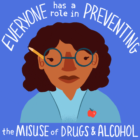 Digital art gif. Different cartoon images of people from the shoulders up cycle through in front of us; woman, men, a doctor and an older woman. Text reads, "Everyone has a role in preventing the misuse of drugs and alcohol," all against a blue background.