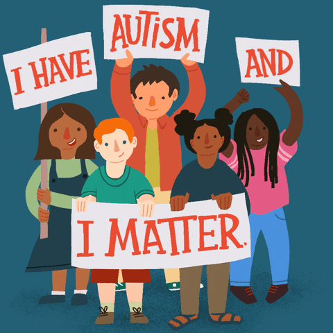 Illustrated gif. Diverse group of children stand against a against blue background as they wave and hold signs that read, "I have autism and I matter."